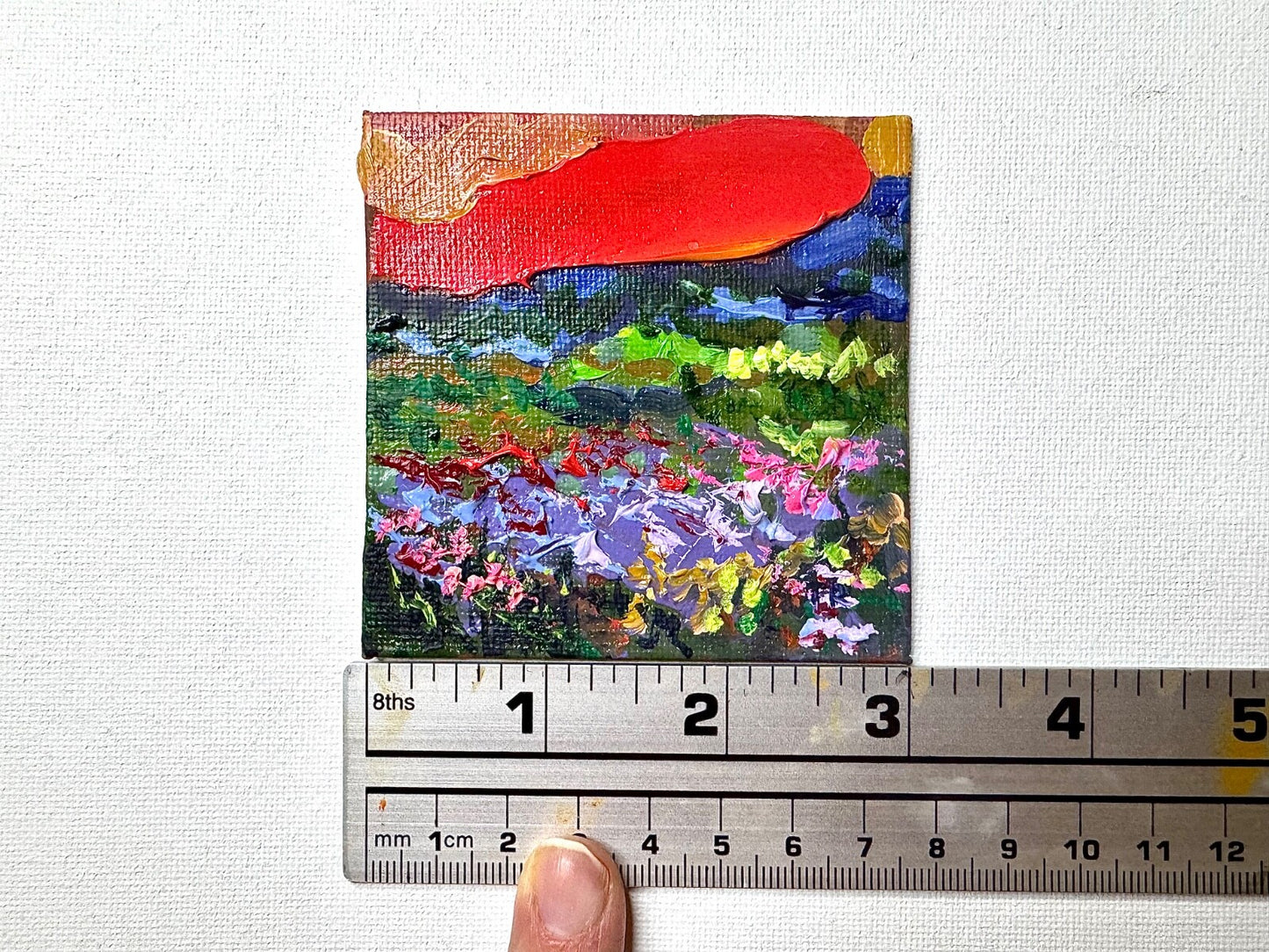 ORIGINAL oil painting Landscape artwork Meadow flower field lupine Sunset 3x3”