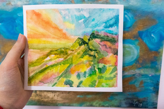 Watercolor painting ORIGINAL Art Landscape field sky mountain 6x7"