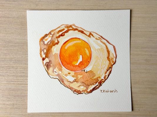 Fried egg ORIGINAL art Watercolor painting Still life food kitchen artwork 6x6"
