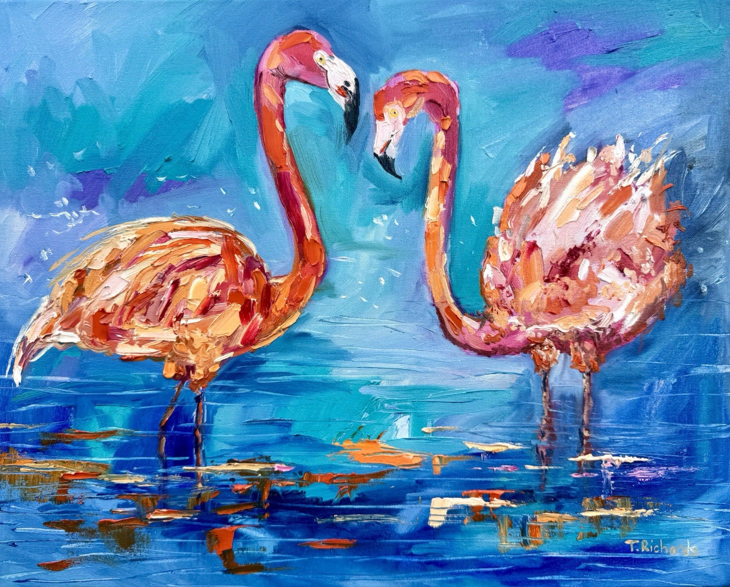 Oil painting ORIGINAL art Flamingo couple Bird Ocean Seascape Signed 16x20"