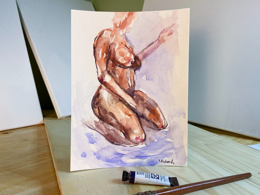 Painting WATERCOLOR ORIGINAL Art Black Woman African Naked Nude Artwork 6x8"