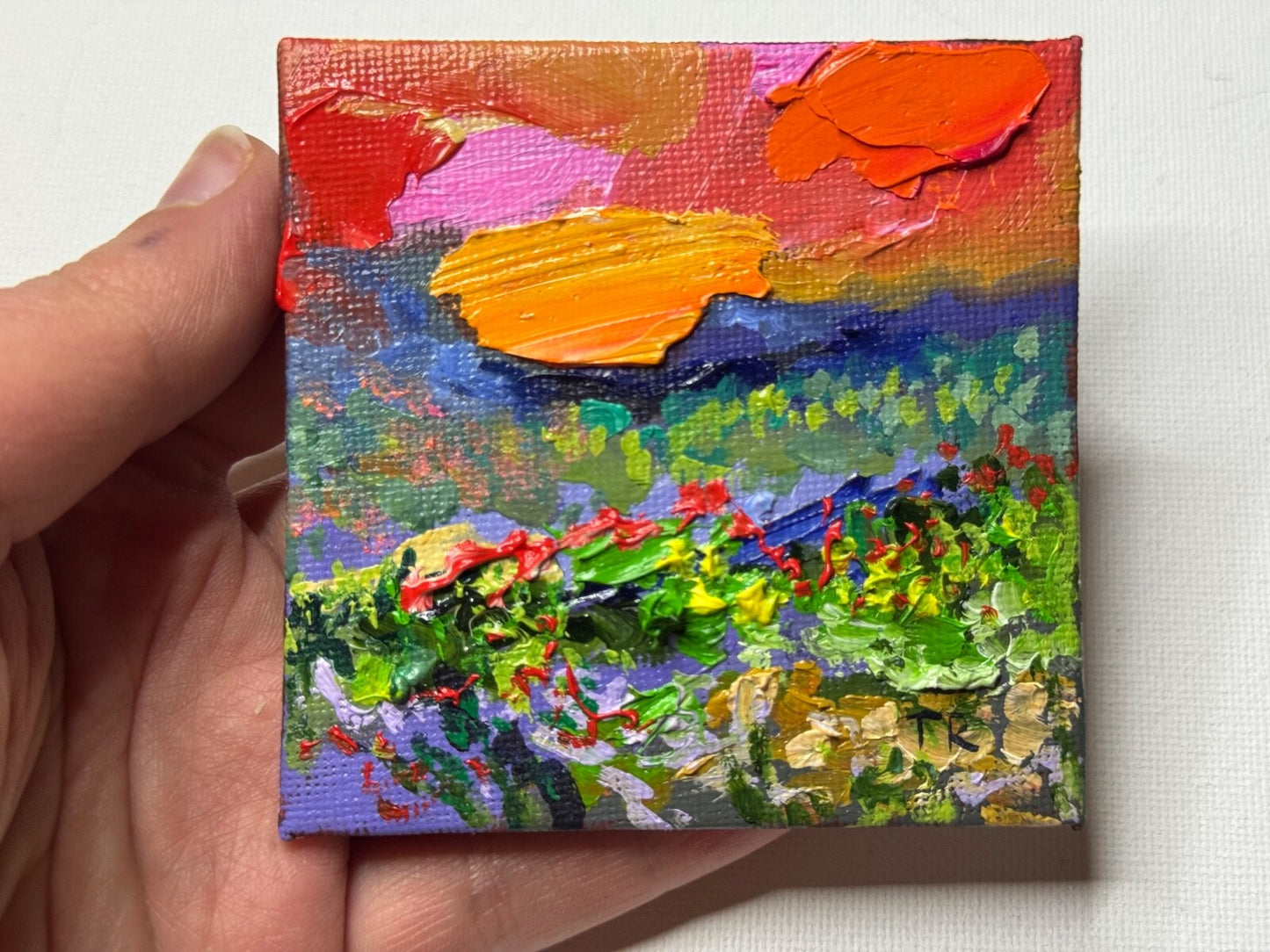 ORIGINAL oil painting Landscape artwork Meadow field wildflower Sunset art 3x3”