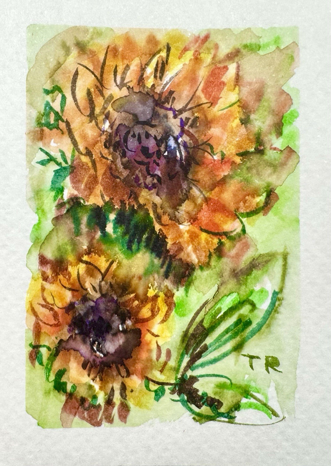 ACEO Watercolor Sunflower ORIGINAL Art ATC Painting Flower Floral Mini 2.5x3.5