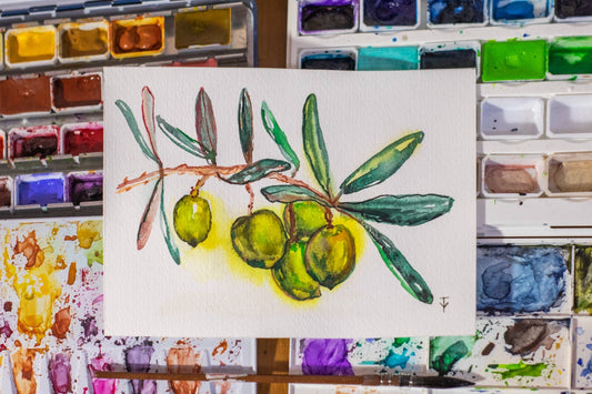 Olive branch painting ORIGINAL art Watercolor vegetable food small wall art 5x7"