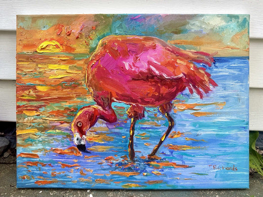 Oil painting ORIGINAL art Flamingo Sunset Ocean landscape Seascape Signed 12x16"