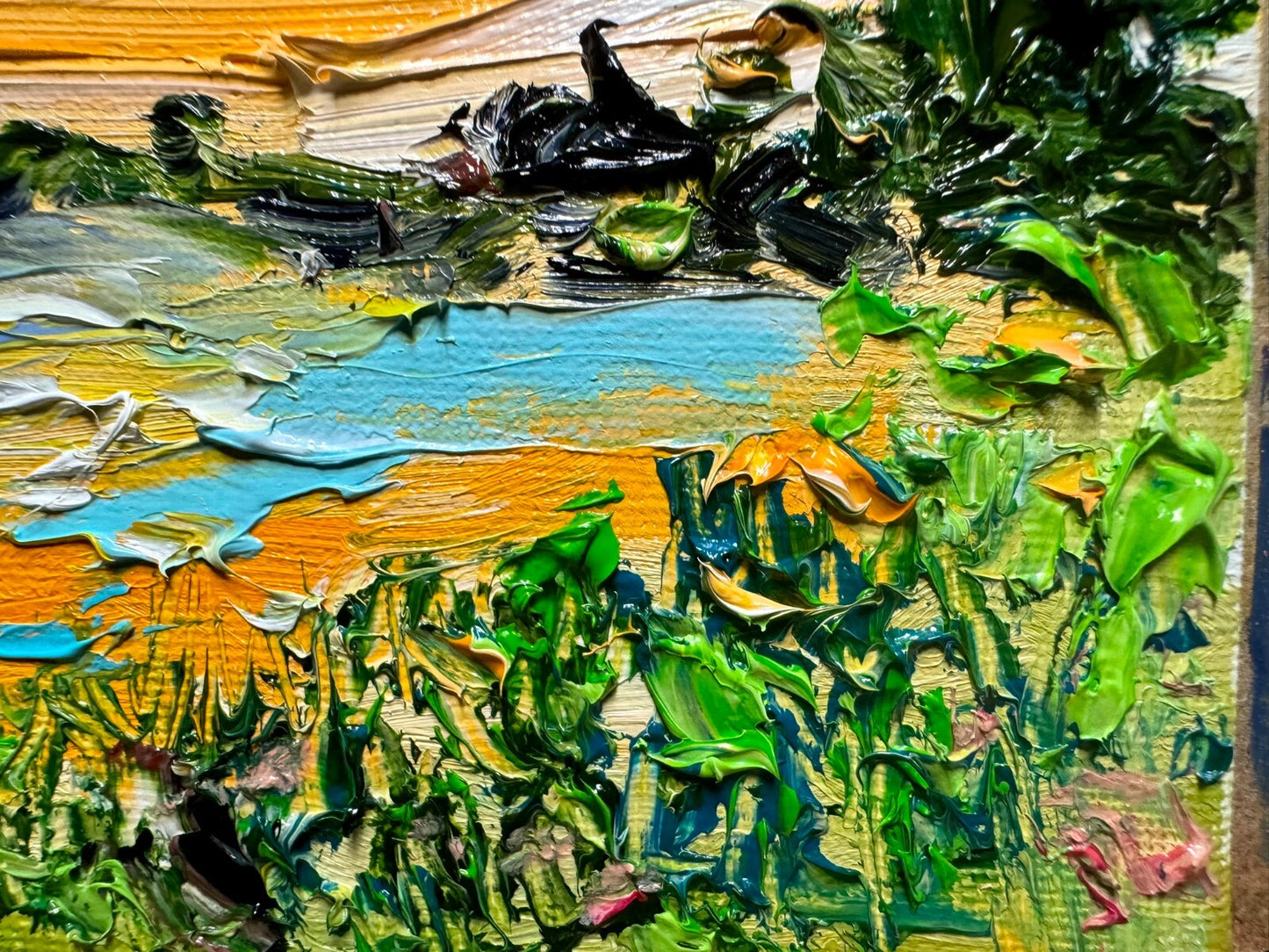 Lake Oil painting ORIGINAL art Seascape artwork small River landscape forest 8x8