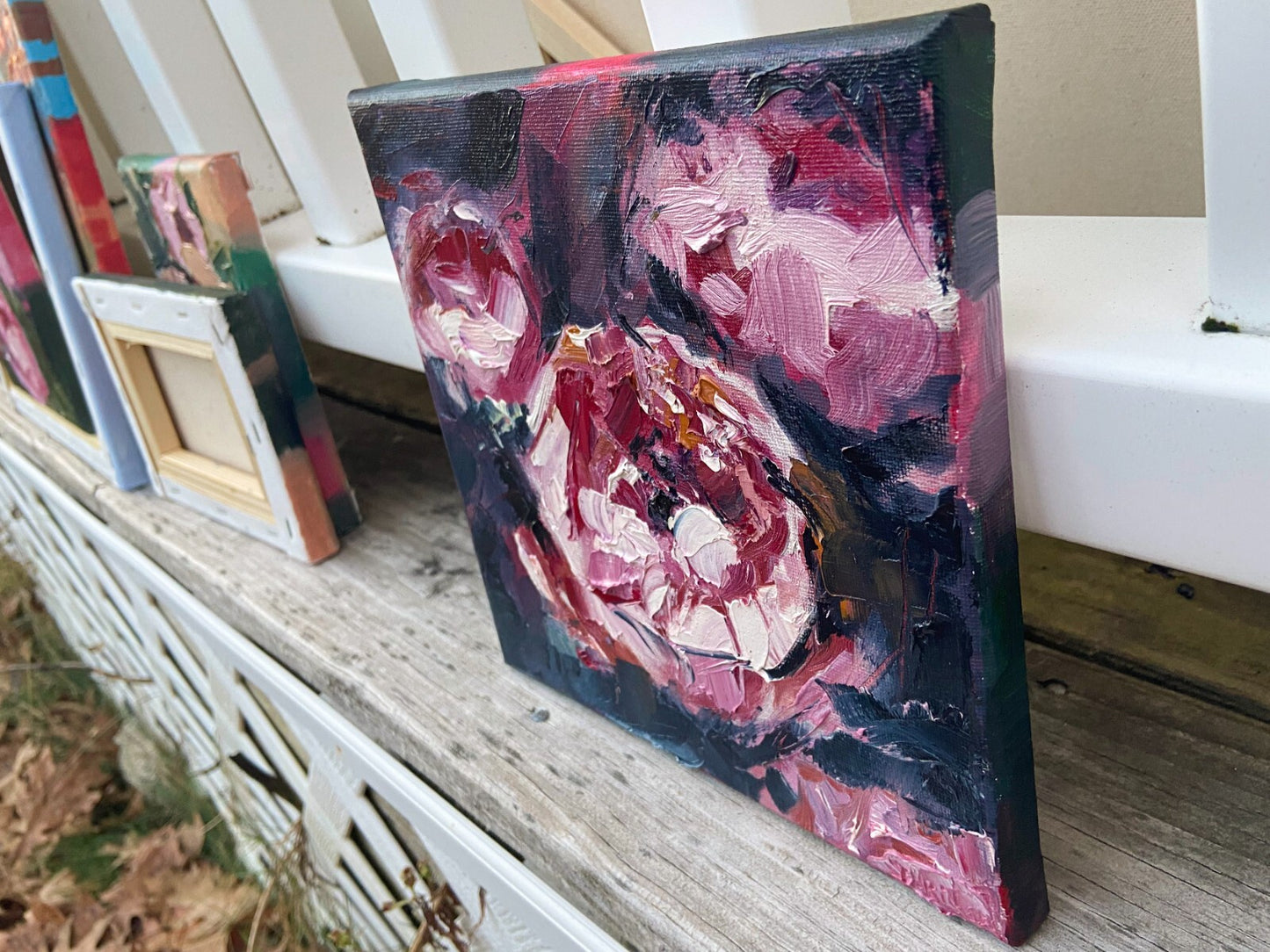 Oil painting ORIGINAL art Peony artwork small flower floral oil on canvas 8x8"
