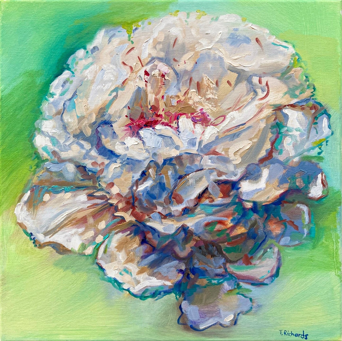 Oil painting ORIGINAL art White peony Festiva Maxima Flower floral artwork 14x14