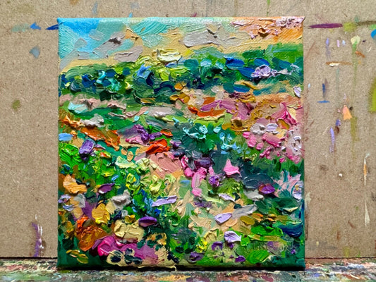 Wildflowers Oil painting ORIGINAL art Lupine floral field artwork Landscape 6x6"