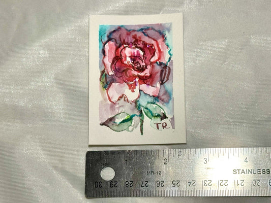 ACEO Watercolor Red Rose ORIGINAL Art ATC Painting Miniature Flower 2.5x3.5"