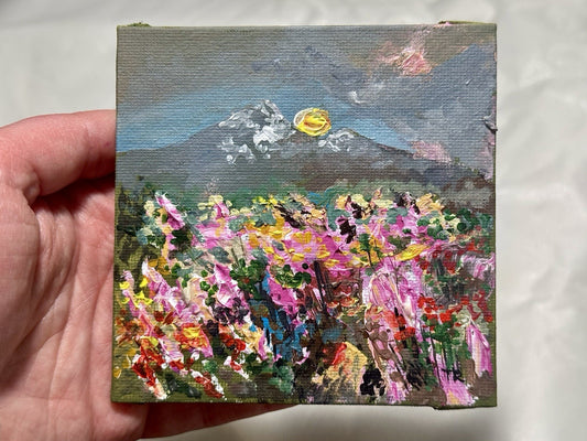 Wildflower field Original art Landscape Mountain NH floral Acrylic Painting 4x4”