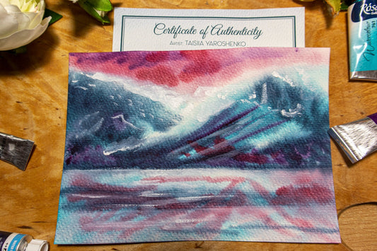 Watercolor painting ORIGINAL art Ocean Sunrise sunset seascape landscape 5x7"