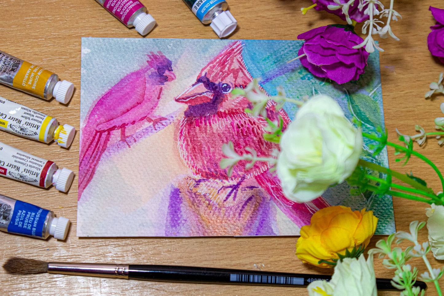 Painting WATERCOLOR ORIGINAL Art Northern Cardinal Bird Artwork wall art 4x6"