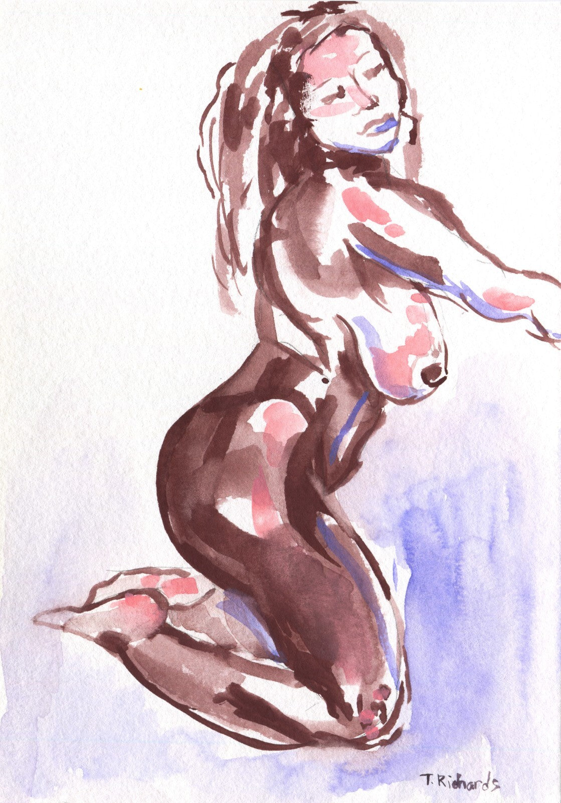 Painting WATERCOLOR ORIGINAL Art Black Woman African Naked Nude Artwork 5x7"