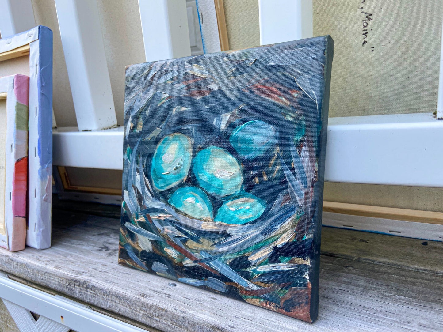 Oil painting ORIGINAL art Eggs blue jay nest artwork small wall art 8x8"