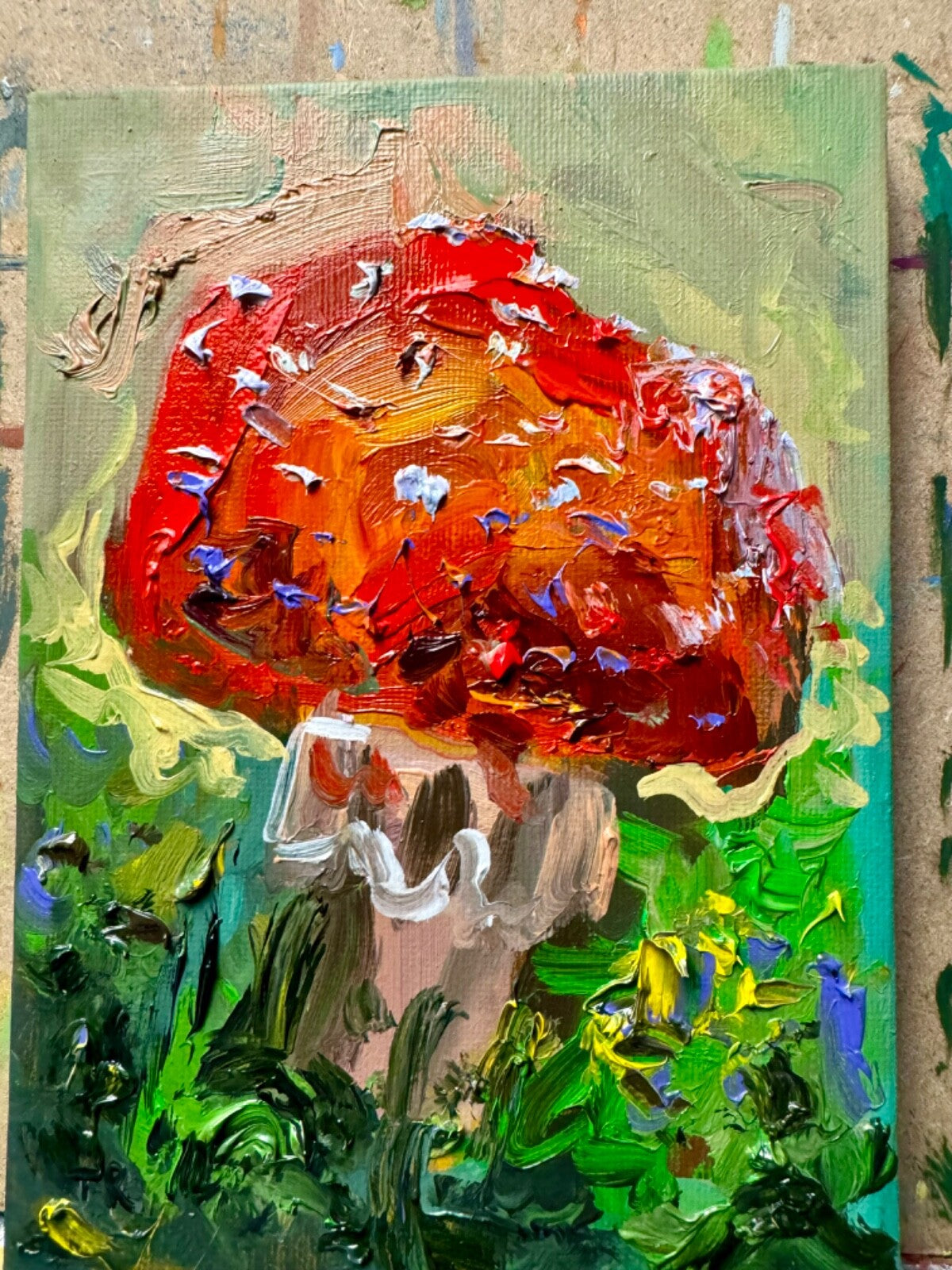 Red mushroom Oil painting ORIGINAL art Fly agaric Amanita forest artwork 5x7