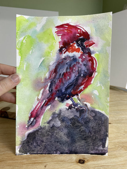 Painting WATERCOLOR ORIGINAL Art Northern Cardinal Bird Artwork wall art 6x9"