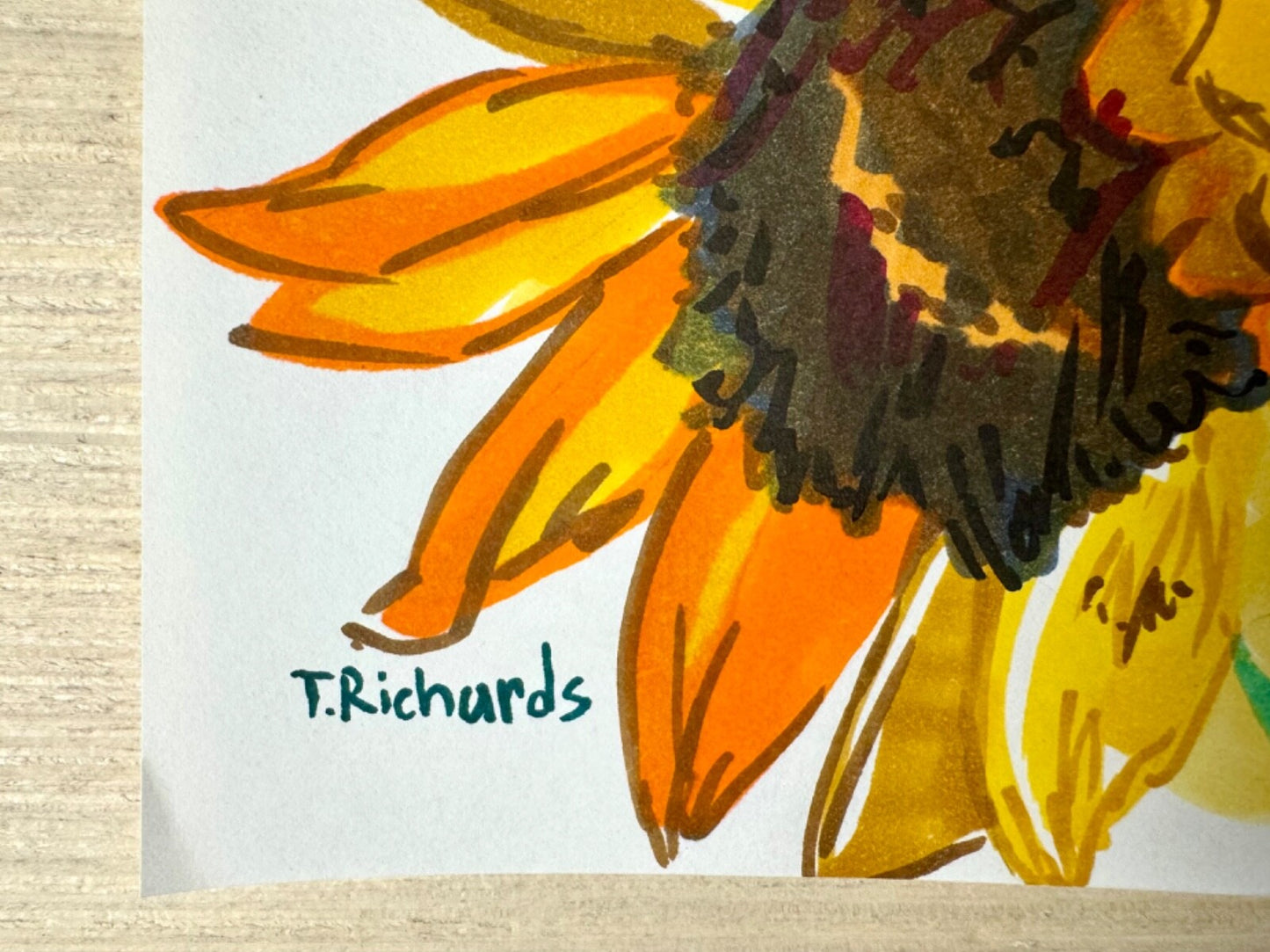 Sunflowers painting ORIGINAL art Flower floral Markers on thin paper signed 8x10
