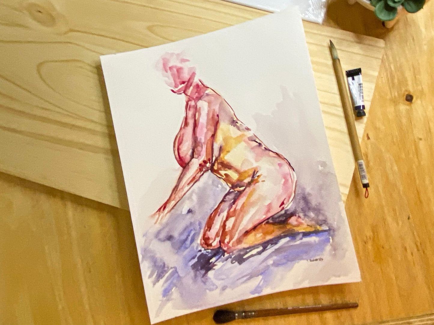 Painting WATERCOLOR ORIGINAL Art Woman Body positive Naked Nude Artwork 11x14"