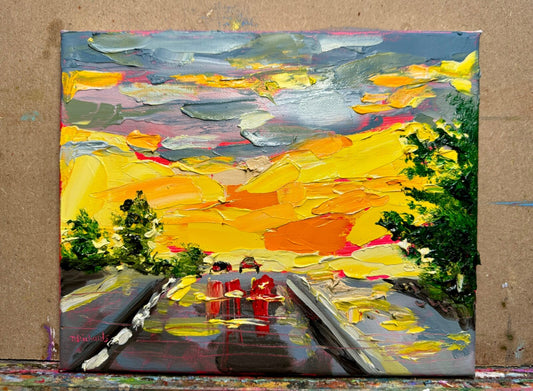 Oil painting ORIGINAL art Night sky rainy wet road car artwork Landscape 8x10"