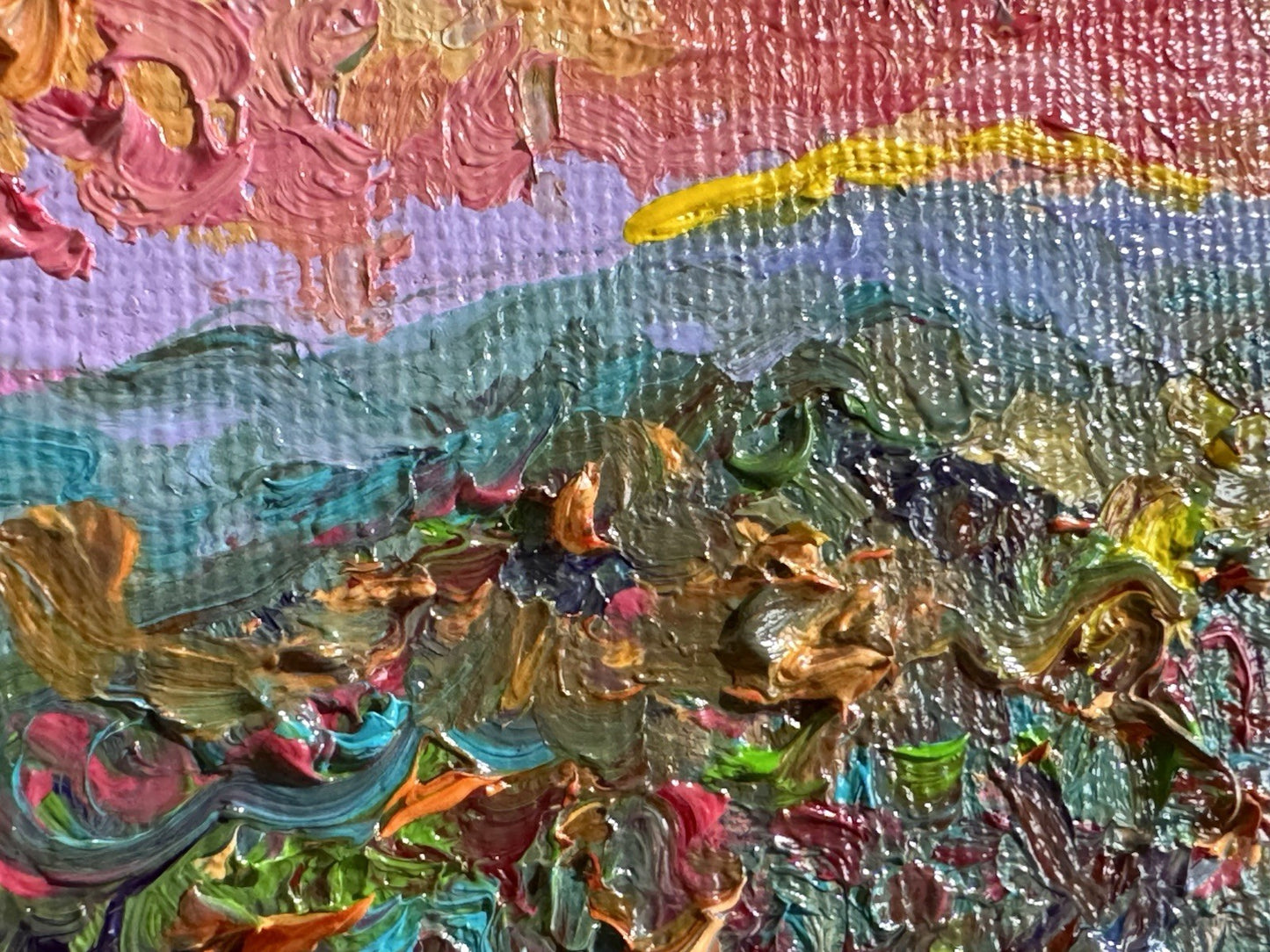 Oil painting ORIGINAL art Landscape sunset Sky Cloud wildflower field Floral 6x6