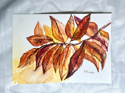 Watercolor painting ORIGINAL art Yellow Walnut Leaves Fall Autumn Signed 5x7"