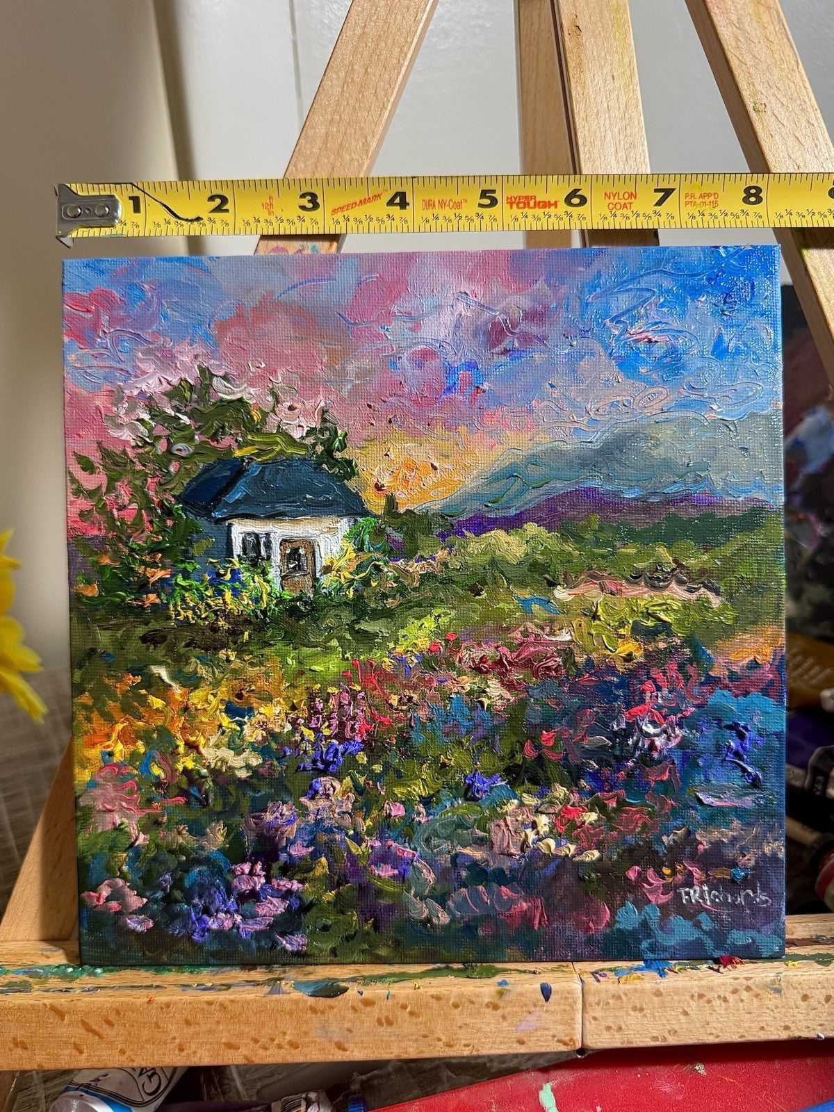 Farmhouse Oil painting ORIGINAL art Cottage House Flower Garden landscape 8x8