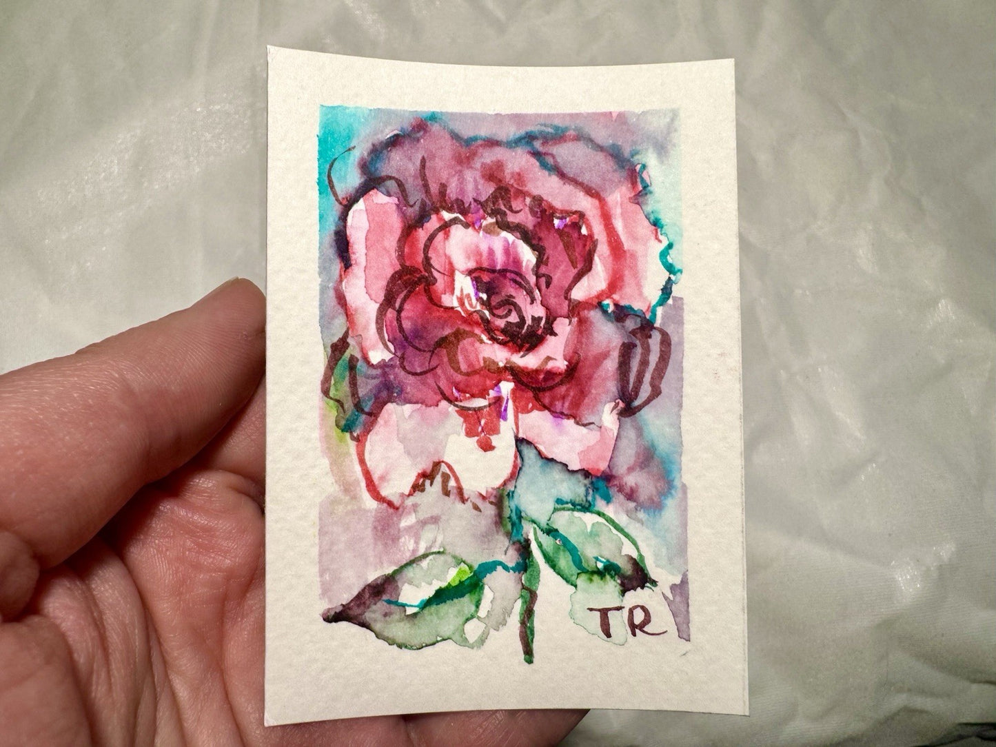 ACEO Watercolor Red Rose ORIGINAL Art ATC Painting Miniature Flower 2.5x3.5"