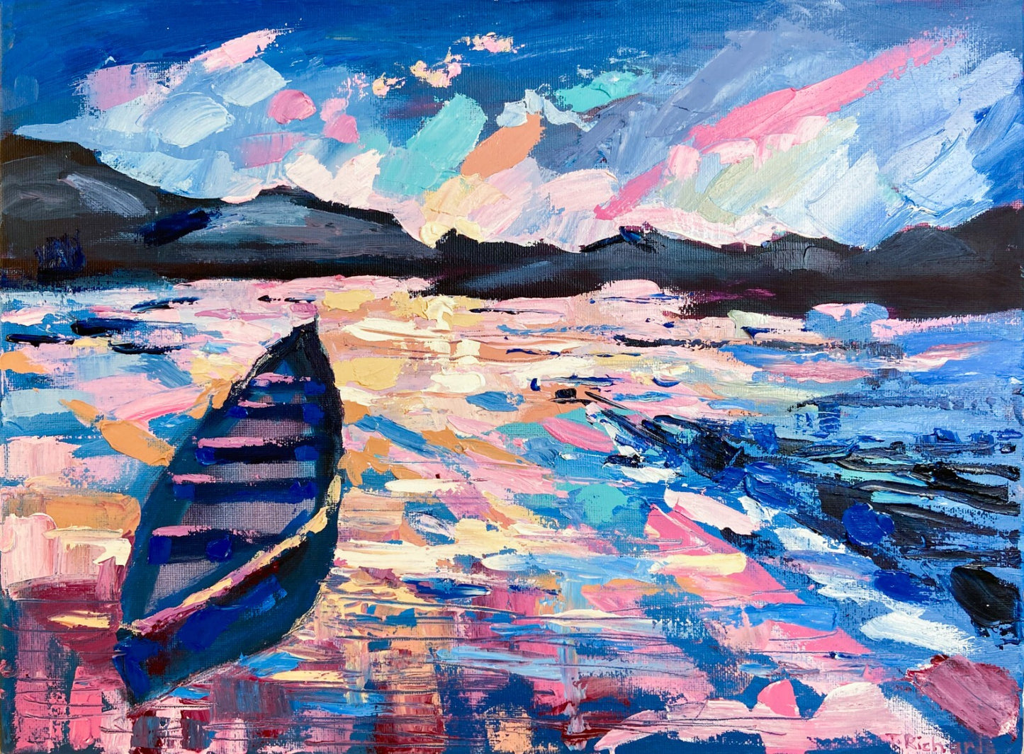 Oil painting ORIGINAL art Boat seascape ocean marine artwork lake sunrise 12x16"