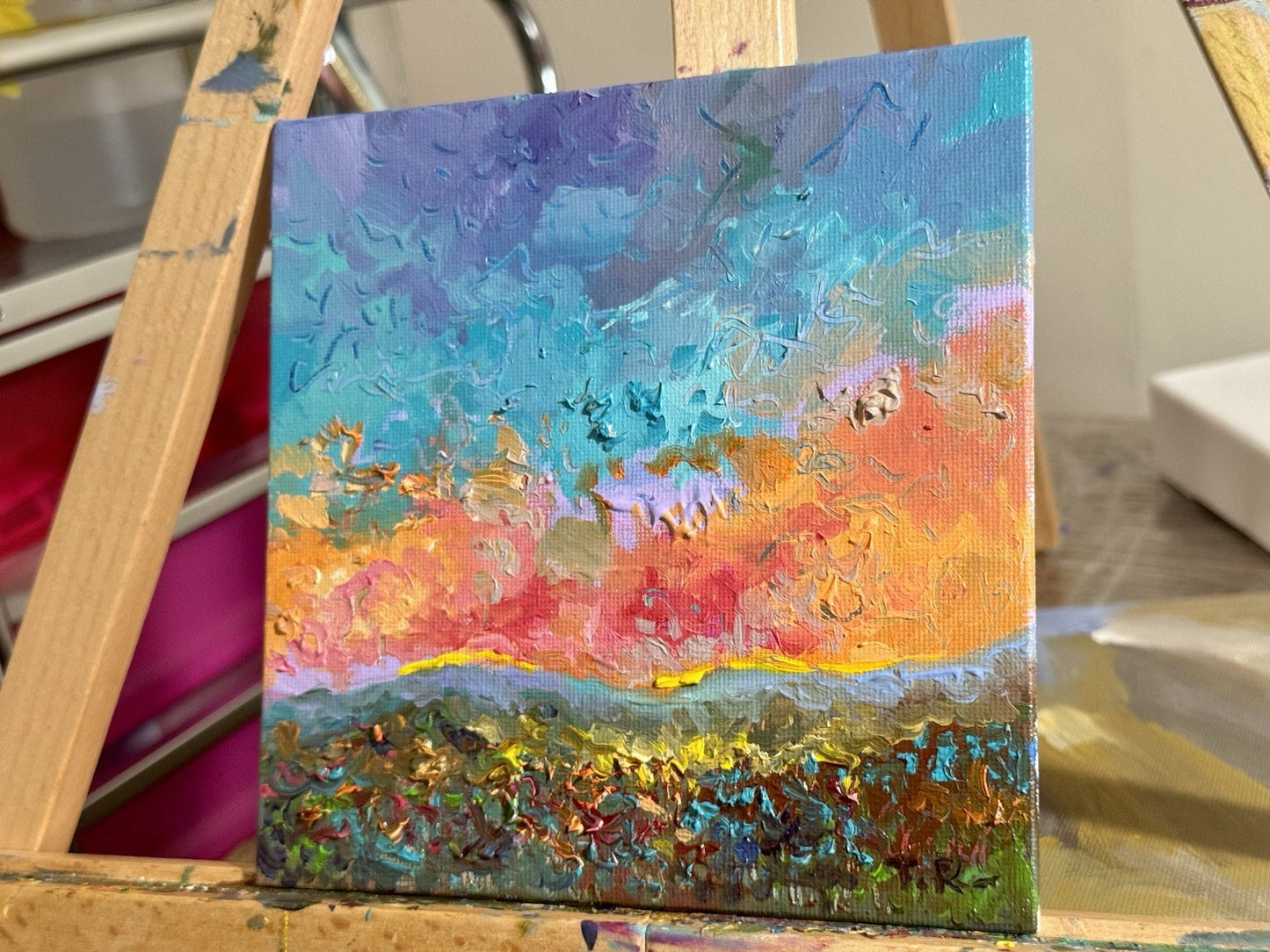 Oil painting ORIGINAL art Landscape sunset Sky Cloud wildflower field Floral 6x6