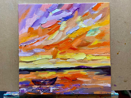 Oil painting on canvas ORIGINAL art Boat seascape ocean artwork Sunset 14x14"