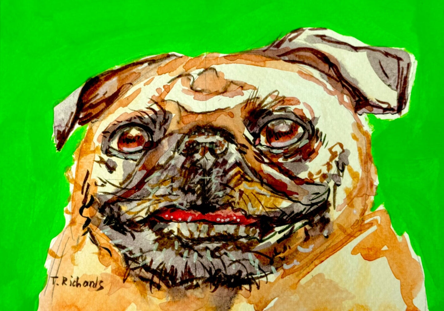 ORIGINAL Art WATERCOLOR Painting Pug happy dog Pet animal portrait Artwork 5x7"