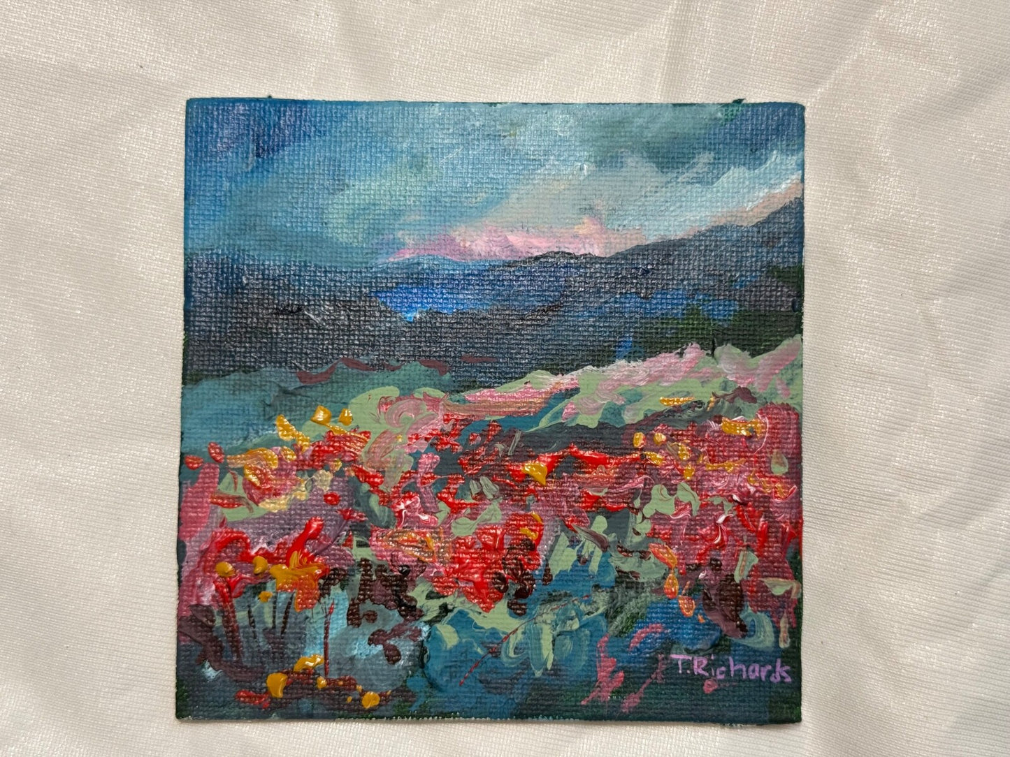 Wildflower field Original art Landscape red flower floral Acrylic Painting 4x4”