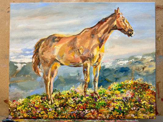 Oil painting ORIGINAL art Horse Wildflower field Mountain landscape Floral 16x20
