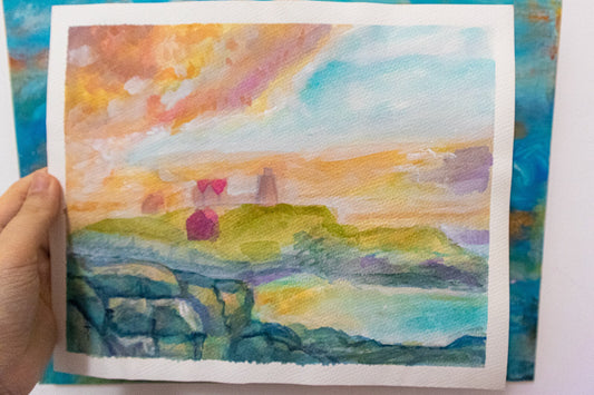 ORIGINAL art watercolor painting landscape ocean seascape Countryside 9x11”