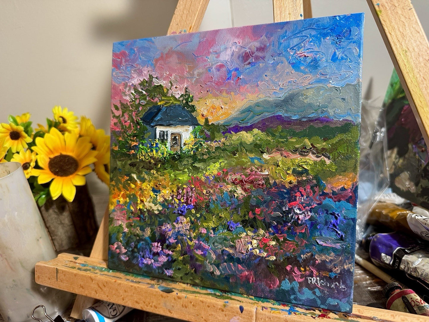Farmhouse Oil painting ORIGINAL art Cottage House Flower Garden landscape 8x8
