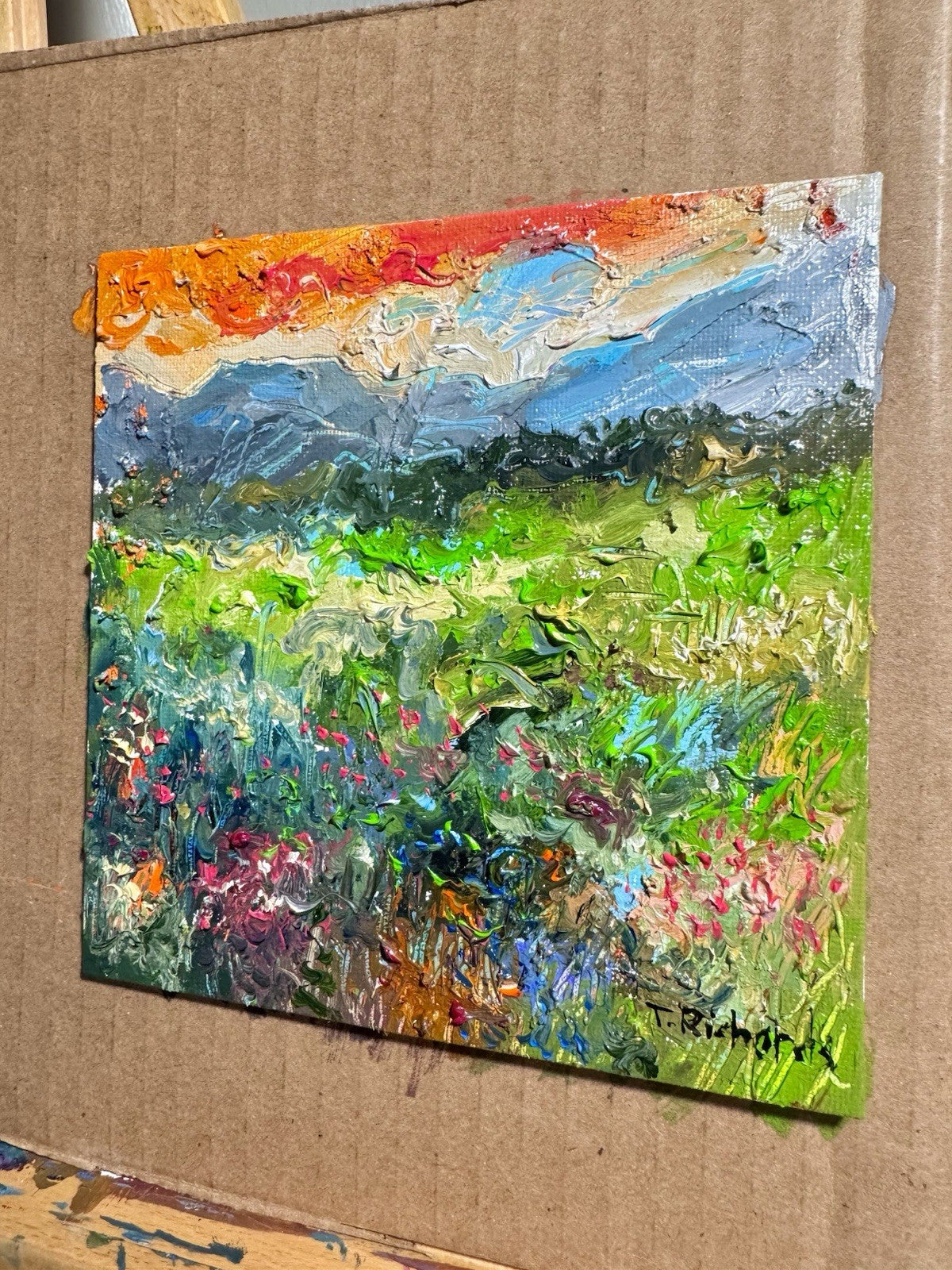 Oil painting ORIGINAL art Landscape sunset Mountain wildflower field Floral 6x6”