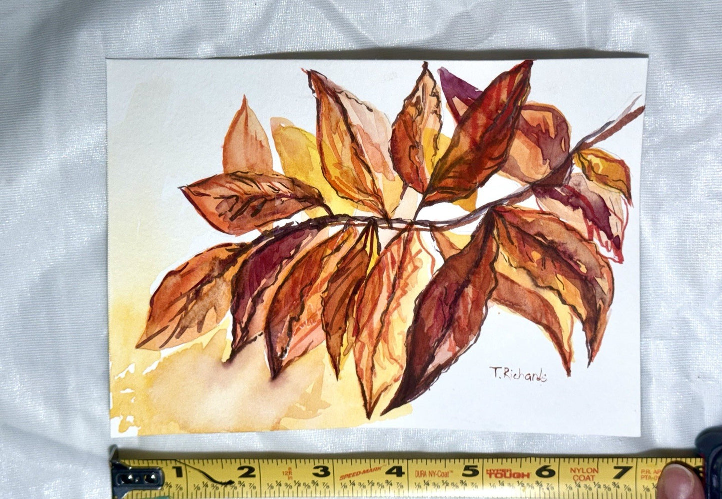 Watercolor painting ORIGINAL art Yellow Walnut Leaves Fall Autumn Signed 5x7"