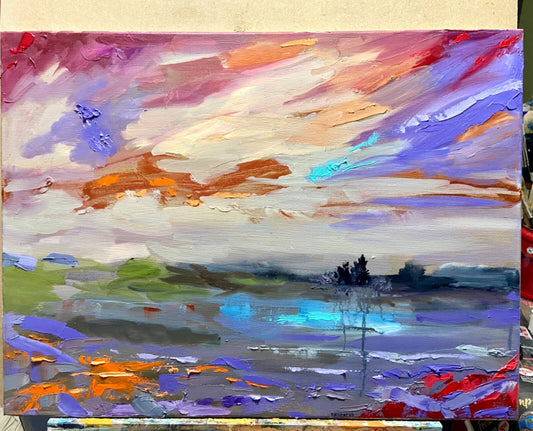 Original art oil painting Seascape artwork Lake river sky impasto forest 18x24"