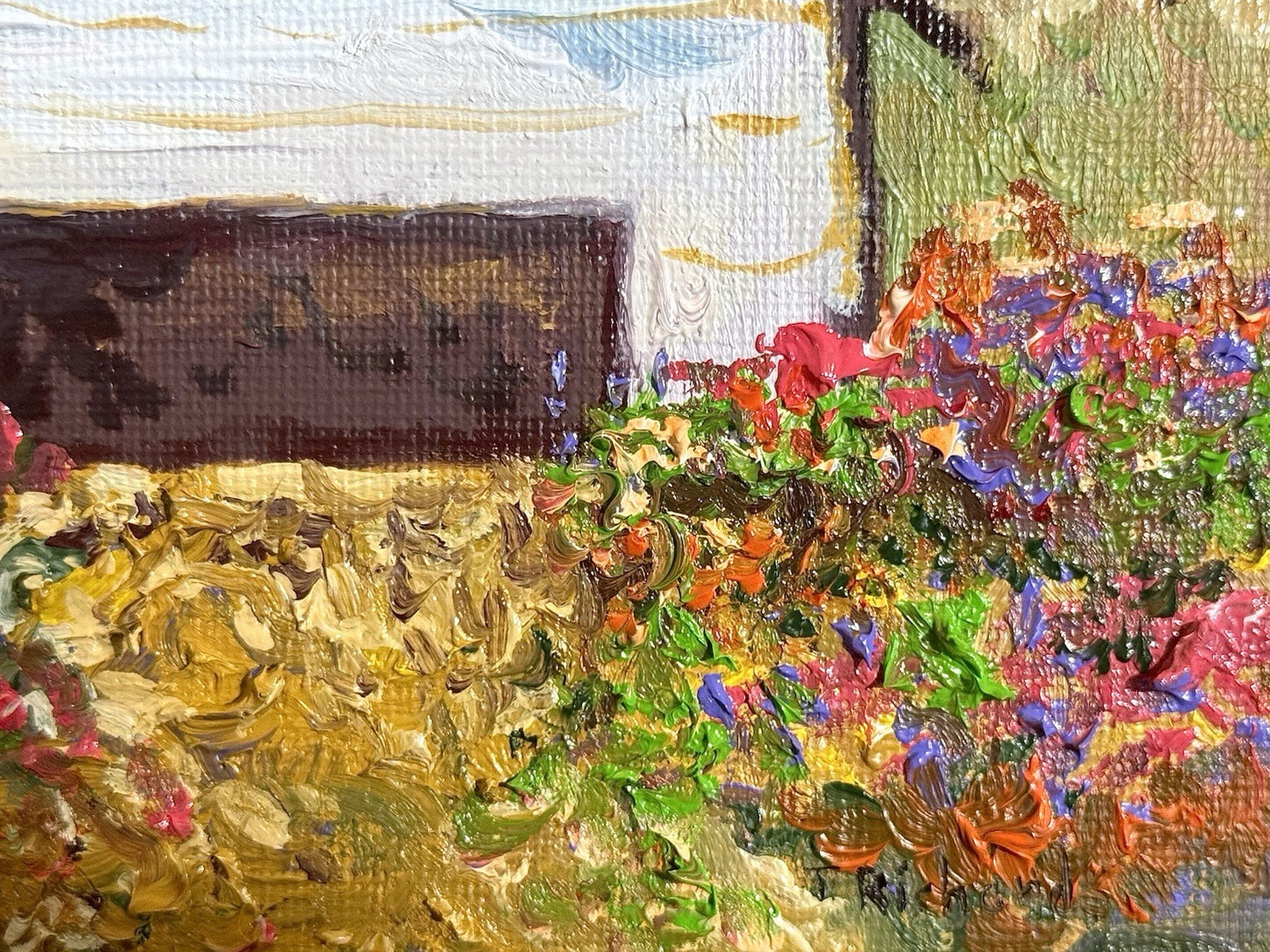 Farmhouse Oil painting ORIGINAL art Cottage House Flower Garden landscape 6x6