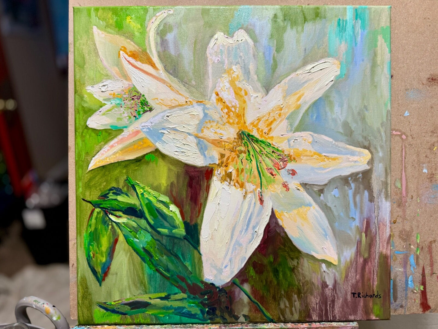 ORIGINAL oil painting White lily Flower wall art Lilies floral artwork 20x20"