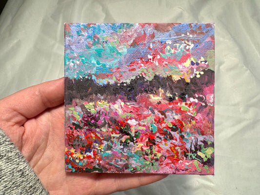 Wildflower field Original art Landscape red flower floral Acrylic Painting 4x4”