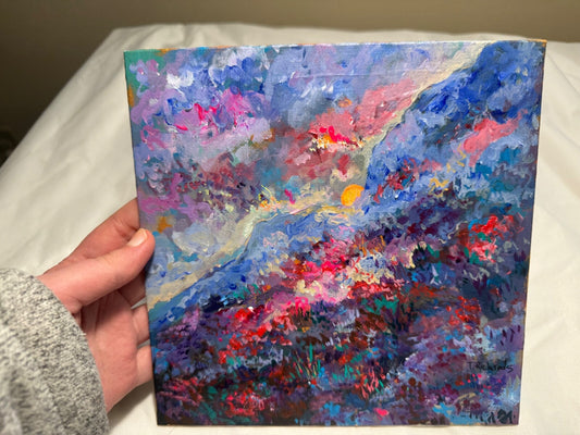 Acrylic painting ORIGINAL art Landscape Sunrise wildflower field Mountain 8x8”