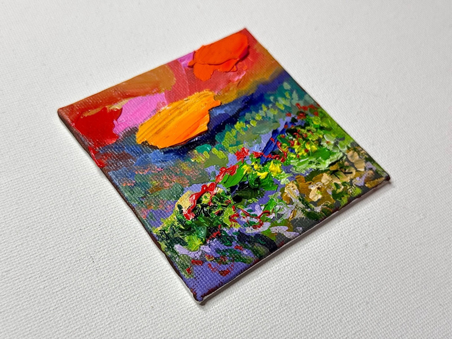 ORIGINAL oil painting Landscape artwork Meadow field wildflower Sunset art 3x3”
