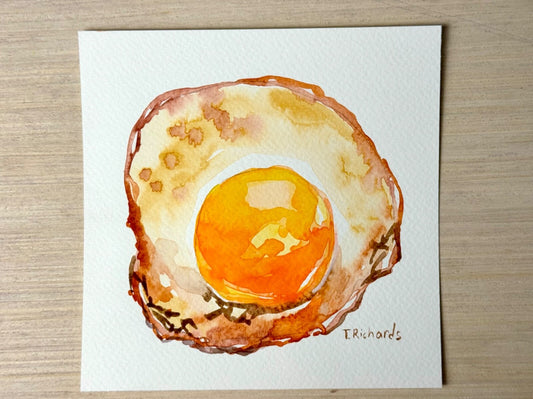 Watercolor painting Fried egg ORIGINAL art Still life food kitchen artwork 6x6"