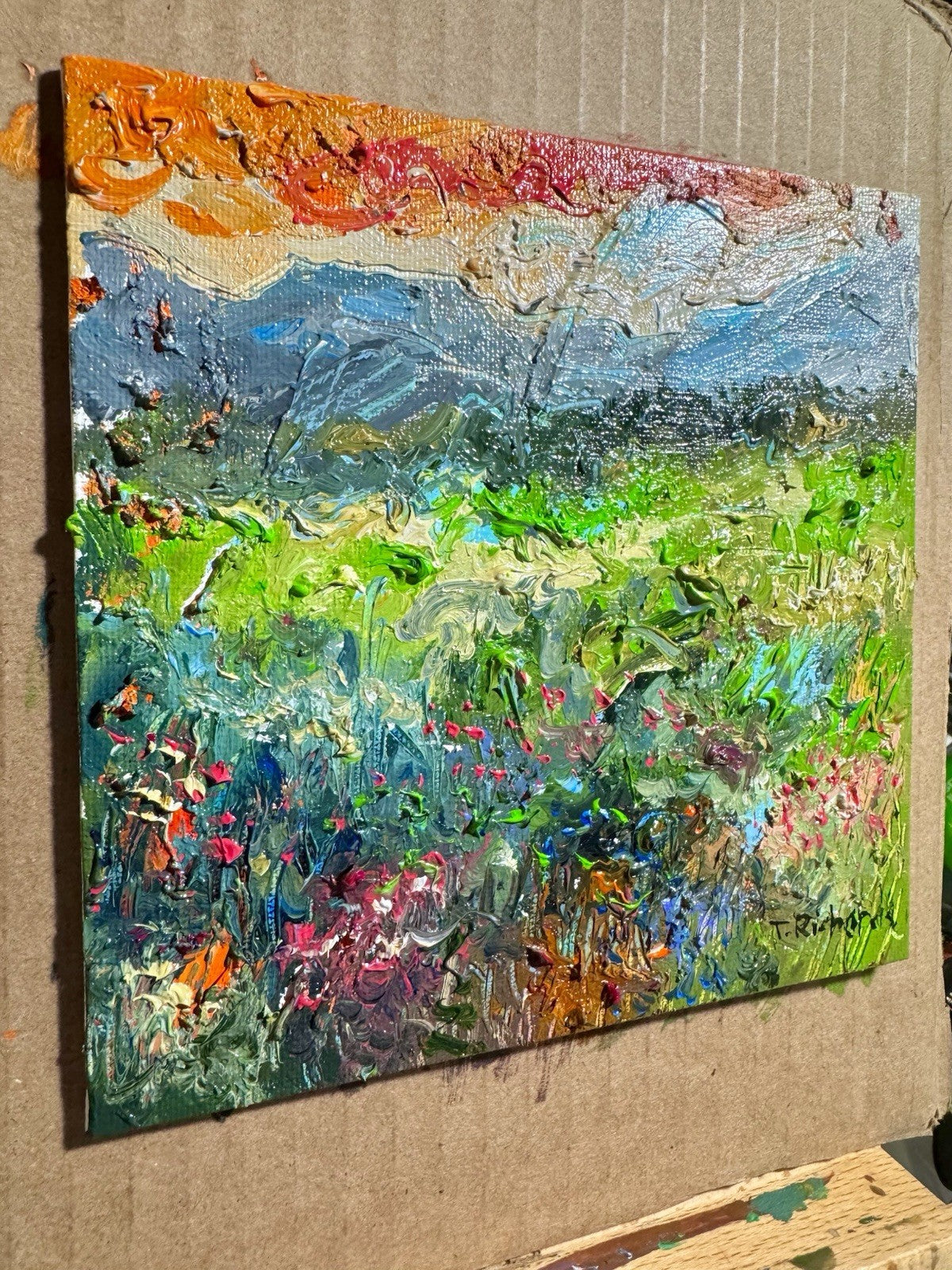 Oil painting ORIGINAL art Landscape sunset Mountain wildflower field Floral 6x6”