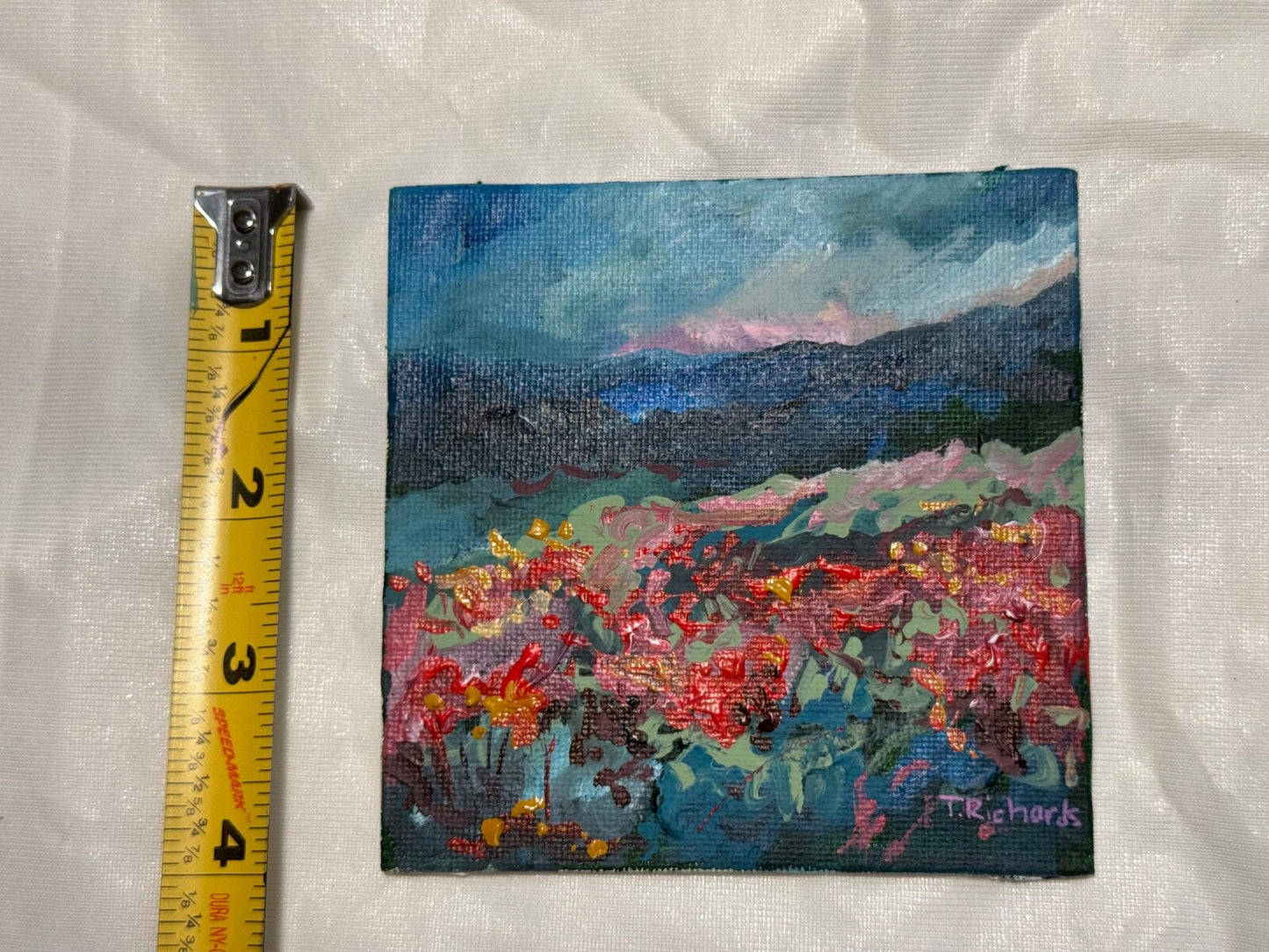 Wildflower field Original art Landscape red flower floral Acrylic Painting 4x4”