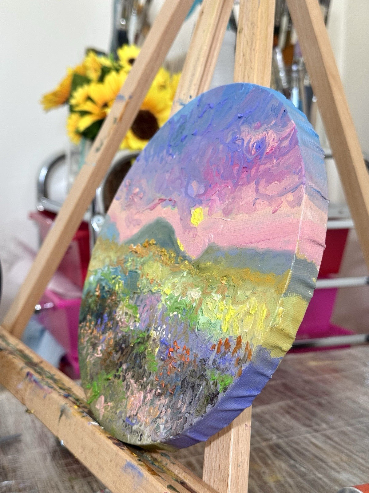 ORIGINAL art oil painting Floral meadow Flower field Mountain Sunset Round 8x8"