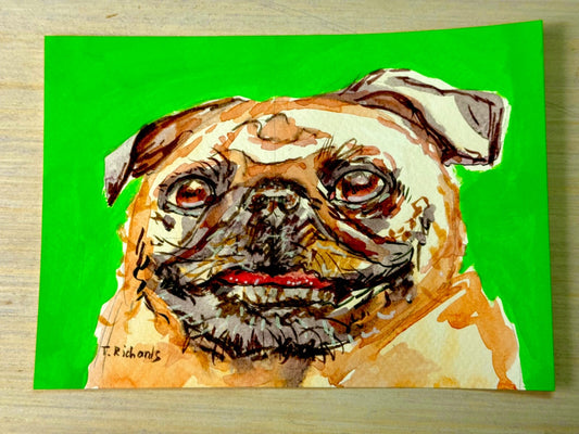 ORIGINAL Art WATERCOLOR Painting Pug happy dog Pet animal portrait Artwork 5x7"