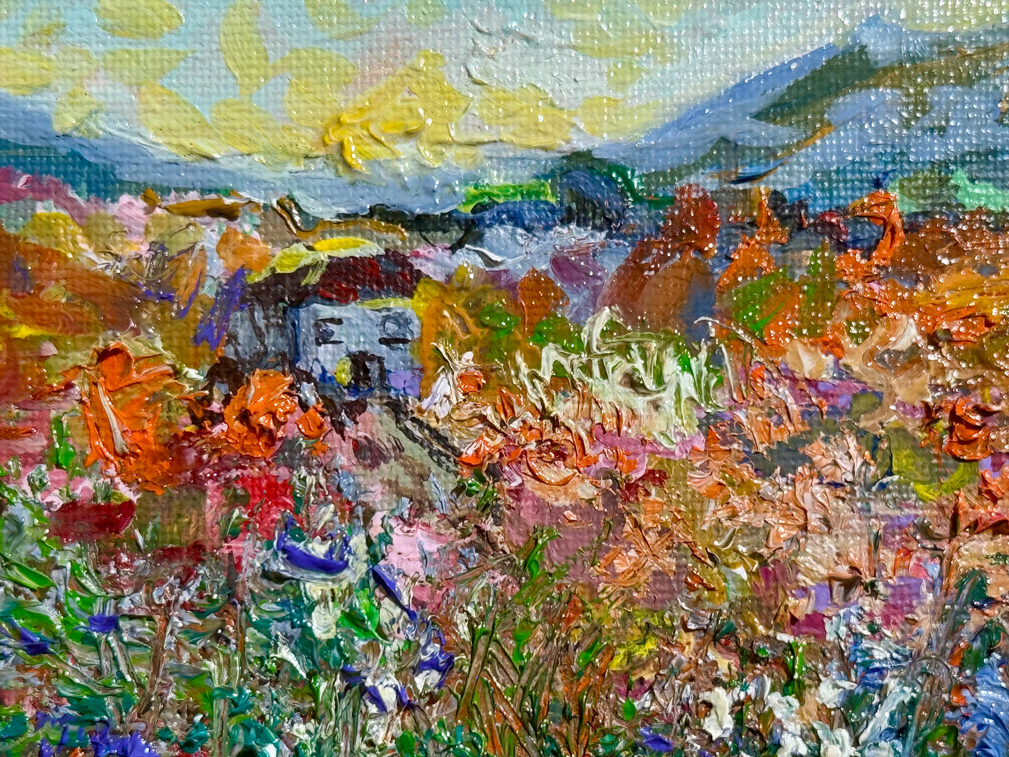 Sunrise Oil Painting 6x6, Original Art Wildflower Prairie Field, House Landscape, Moody Sky, Mountain Countryside Floral on Panel